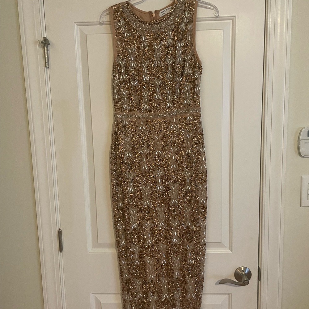 Mac Duggal Bronze Embellished Midi Dress